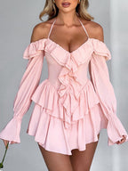Ruffle Halter Neck Low-cut  Flare Sleeve Sweet Mini&Short Dresses