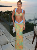 Color-blocked Print Strappy Top High-waisted Midi Skirt 3 Piece Bikinis