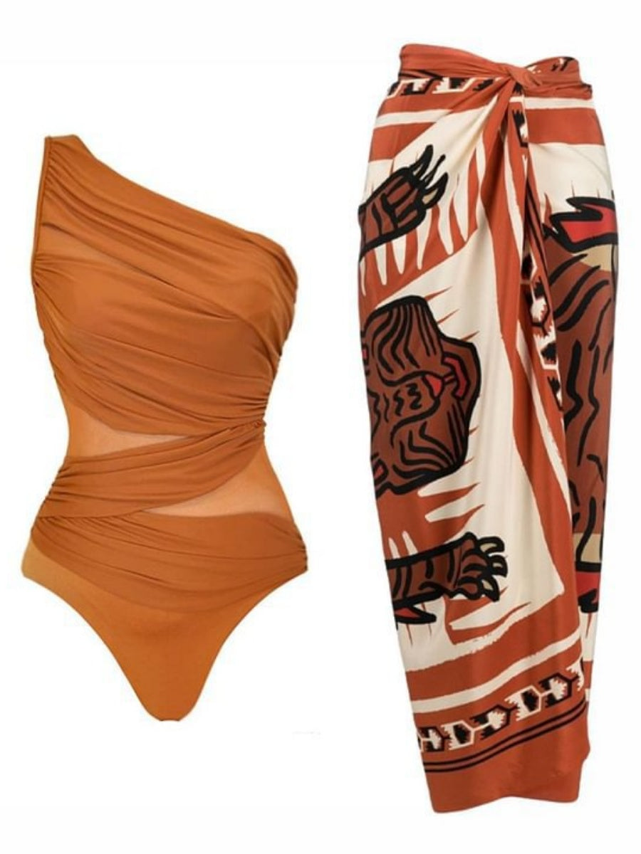 One-shoulder High-waisted Bikini Three-piece Set