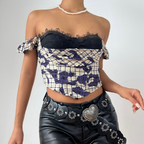 Off shoulder plaid print lace hem top  | Festival Outfits Women