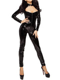 PU Leather Zipper Crossing The Crotch Long Sleeves Jumpsuits