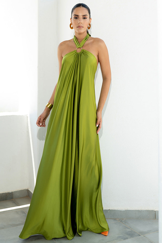 Halter Neck Ring Detail Draped Satin Maxi Dress