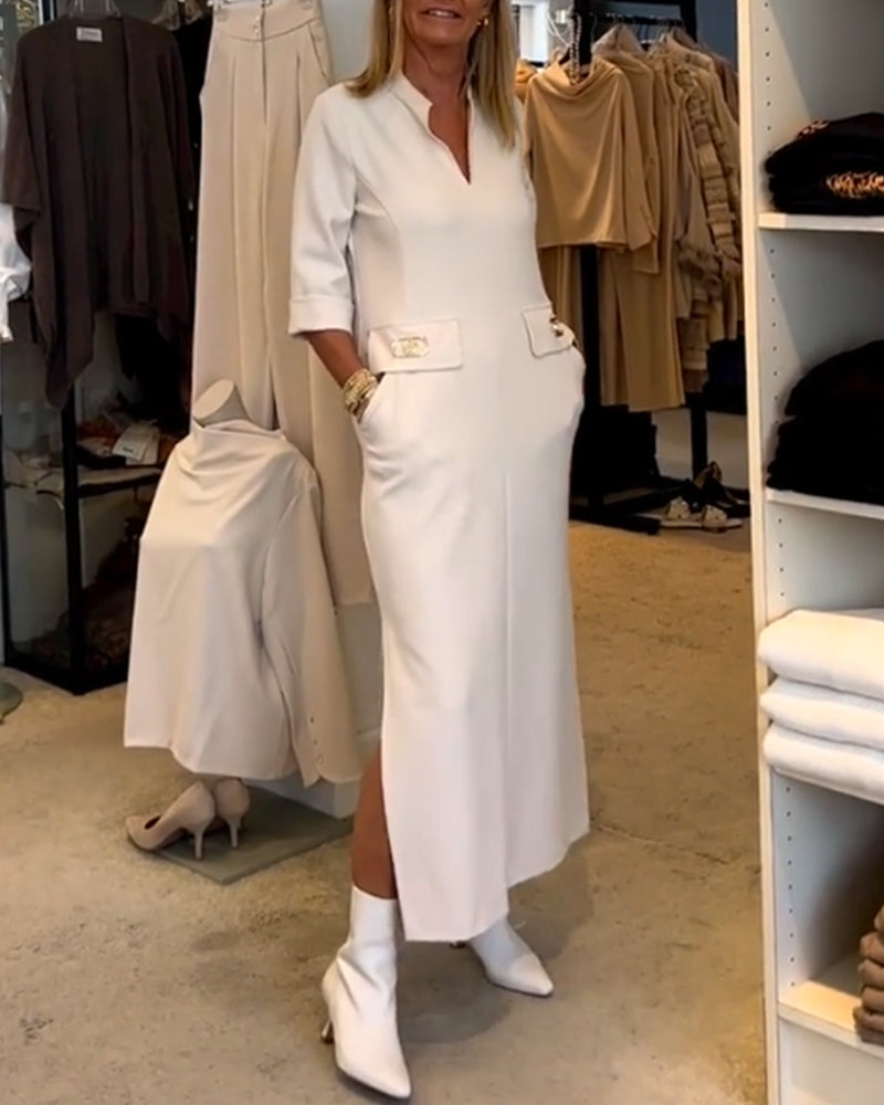 Scarlett Elevated Solid Color Slit Dress with 3/4 Sleeves Everyday Luxe Edit
