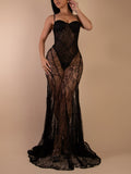 Lace Patchwork Evening Gown See-through Backless Camisoles Maxi Dresses