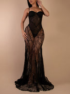 Lace Patchwork Evening Gown See-through Backless Camisoles Maxi Dresses
