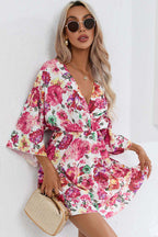 Wrap V Neck Bell Sleeve Tiered Floral Print Mini Dress