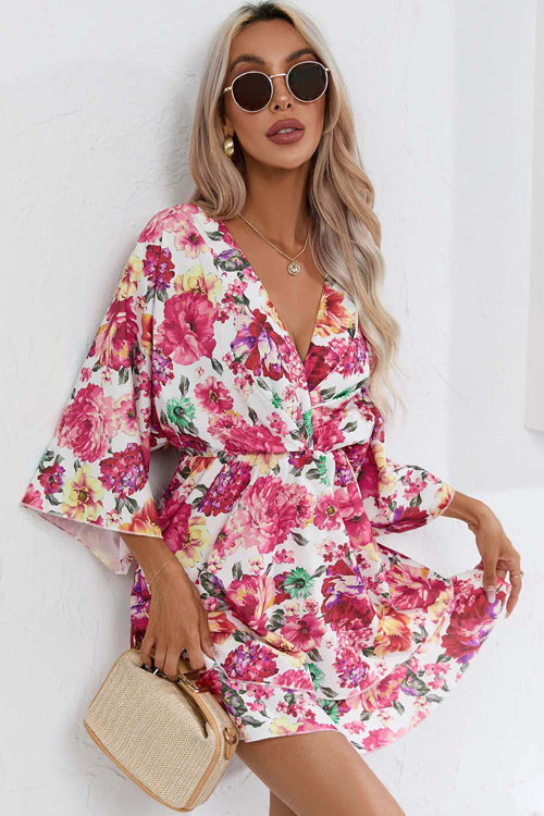 Wrap V Neck Bell Sleeve Tiered Floral Print Mini Dress