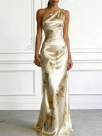 Off-shoulder, One-neck Floral Print Satin Long Dress