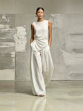 Casual Solid Color Round Neck Loose Sleeveless Top And High-waisted Trousers Two-piece Set