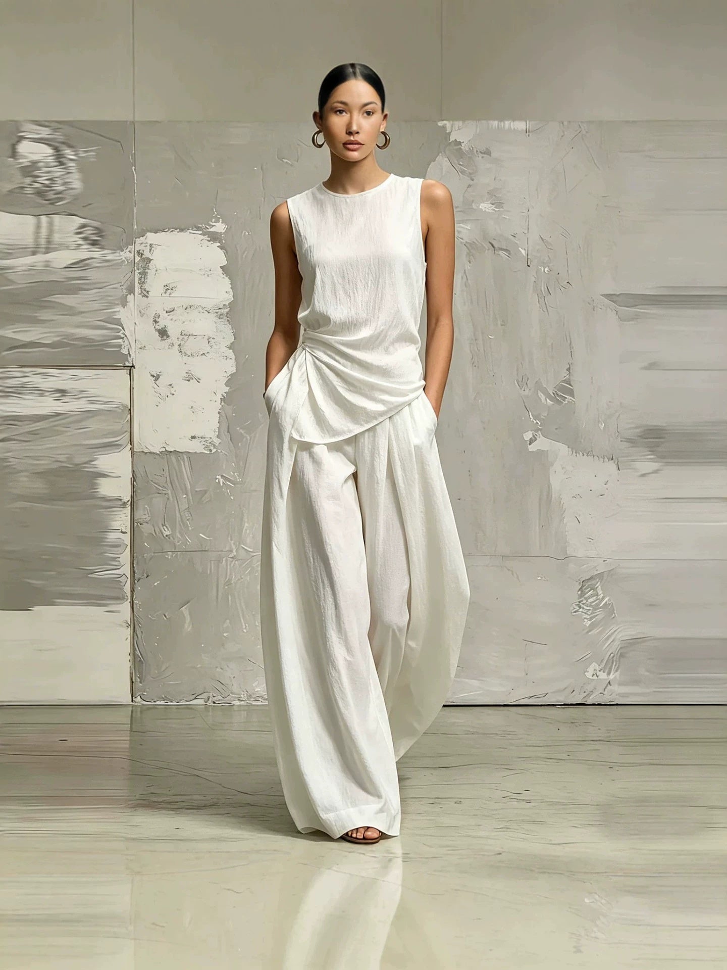 Casual Solid Color Round Neck Loose Sleeveless Top And High-waisted Trousers Two-piece Set