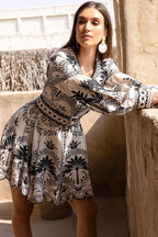 Ornamental Paisley Print Puff Sleeve V-Neck Belted Button-Front Mini Dress