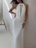 Halter Hollow Splicing Lace Sexy Slit Maxi Dresses