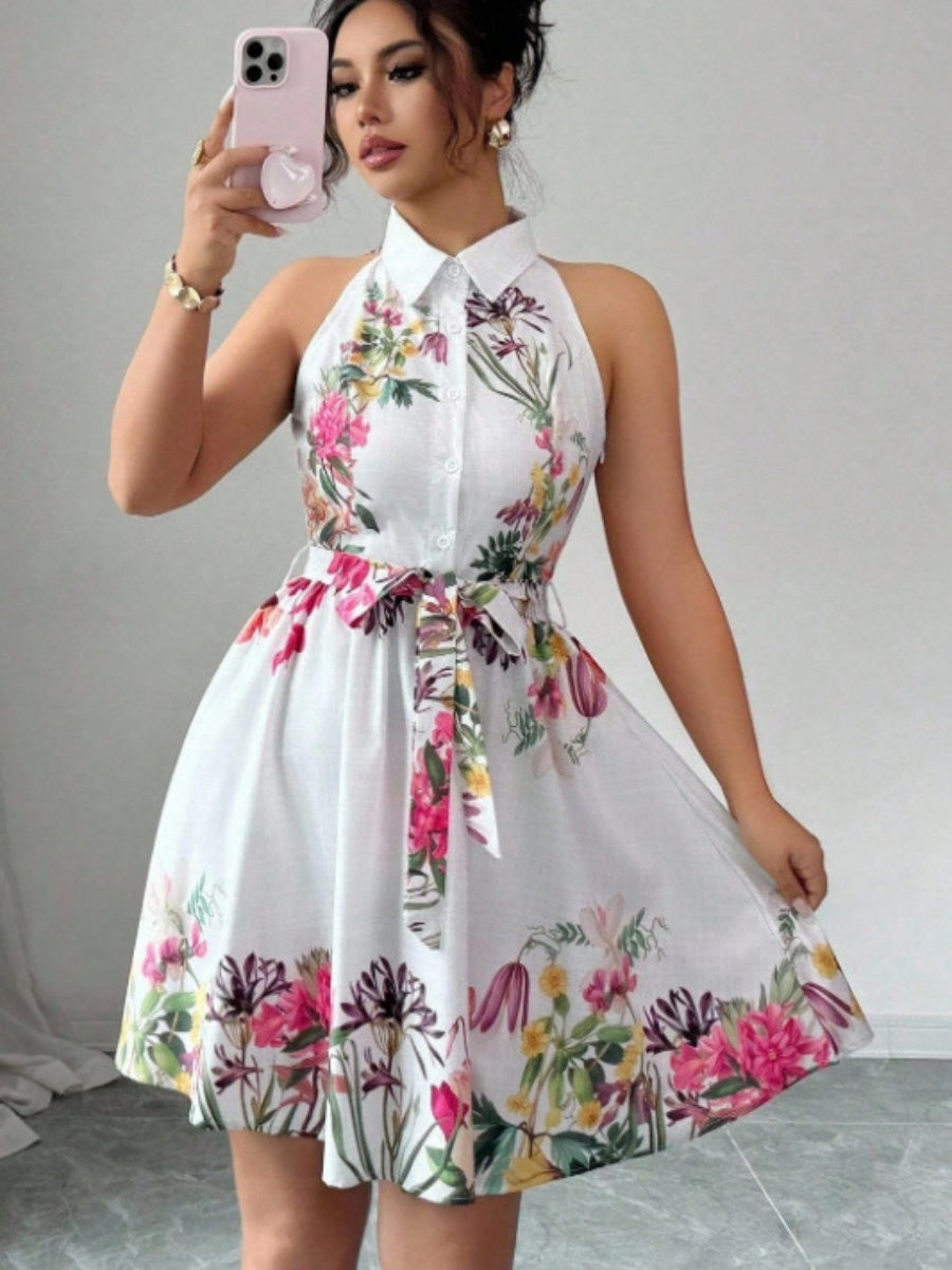 Sleeveless Halter Neck Floral Print Tie-up Short Dress