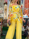 Printed Chiffon Crew Neck Short Sleeve Pants 2-piece Sets