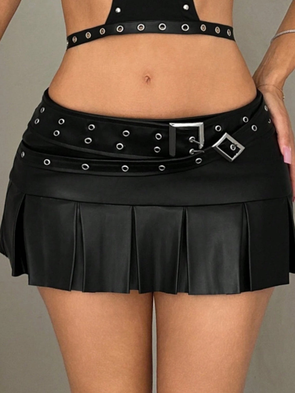 PU Leather Double-pin Square Buckle Pleated Skirt