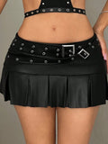 PU Leather Double-pin Square Buckle Pleated Skirt