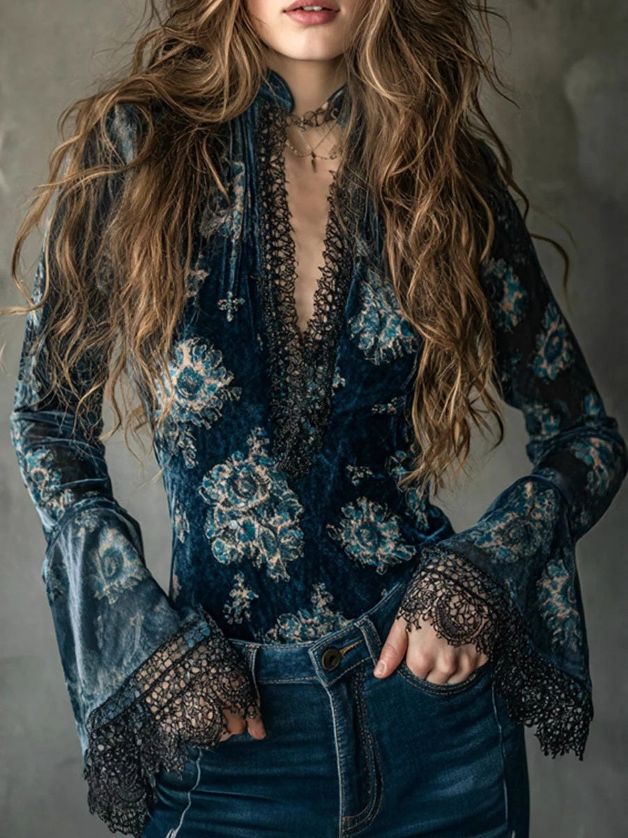 Bohemian Tie-dye Print Long-sleeved Velvet Shirt