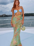 Printed Color Blocking Backless And Navel Exposed Strapless Bra Maxi Dresses