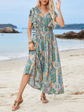 Rayon V-neck Backless Printed Ruffle Short Sleeve Slit Vacation And Leisure Maxi Dresses