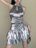 3D Flowers Glossy Hollow Out Halter-neck Sleeveless Mini&Short Dresses