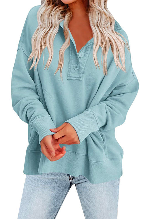 Stand Collar Button Up Pocketed Casual Sweatshirt