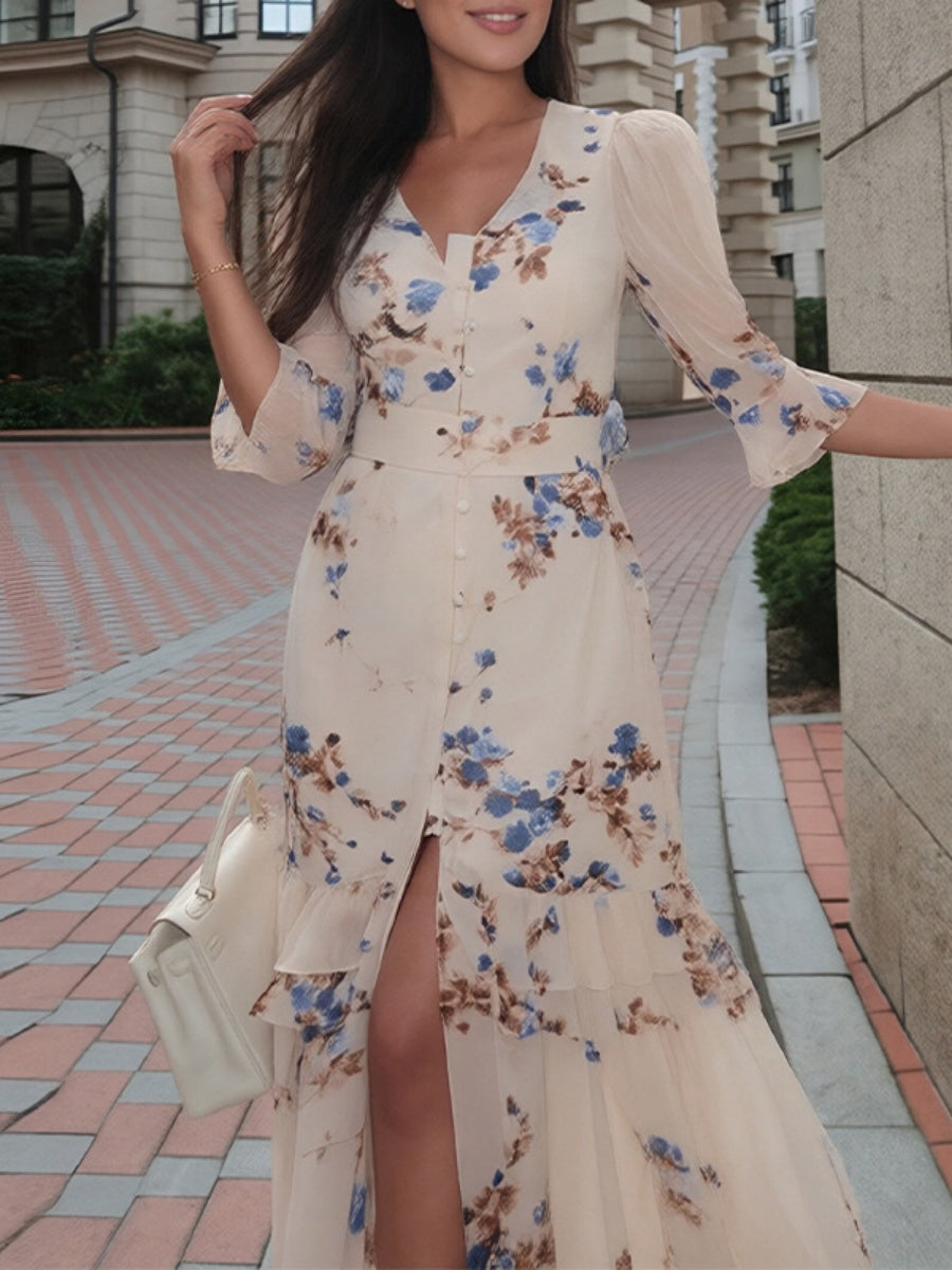 Floral Printed Ruffle Slit Temperament Maxi Dresses