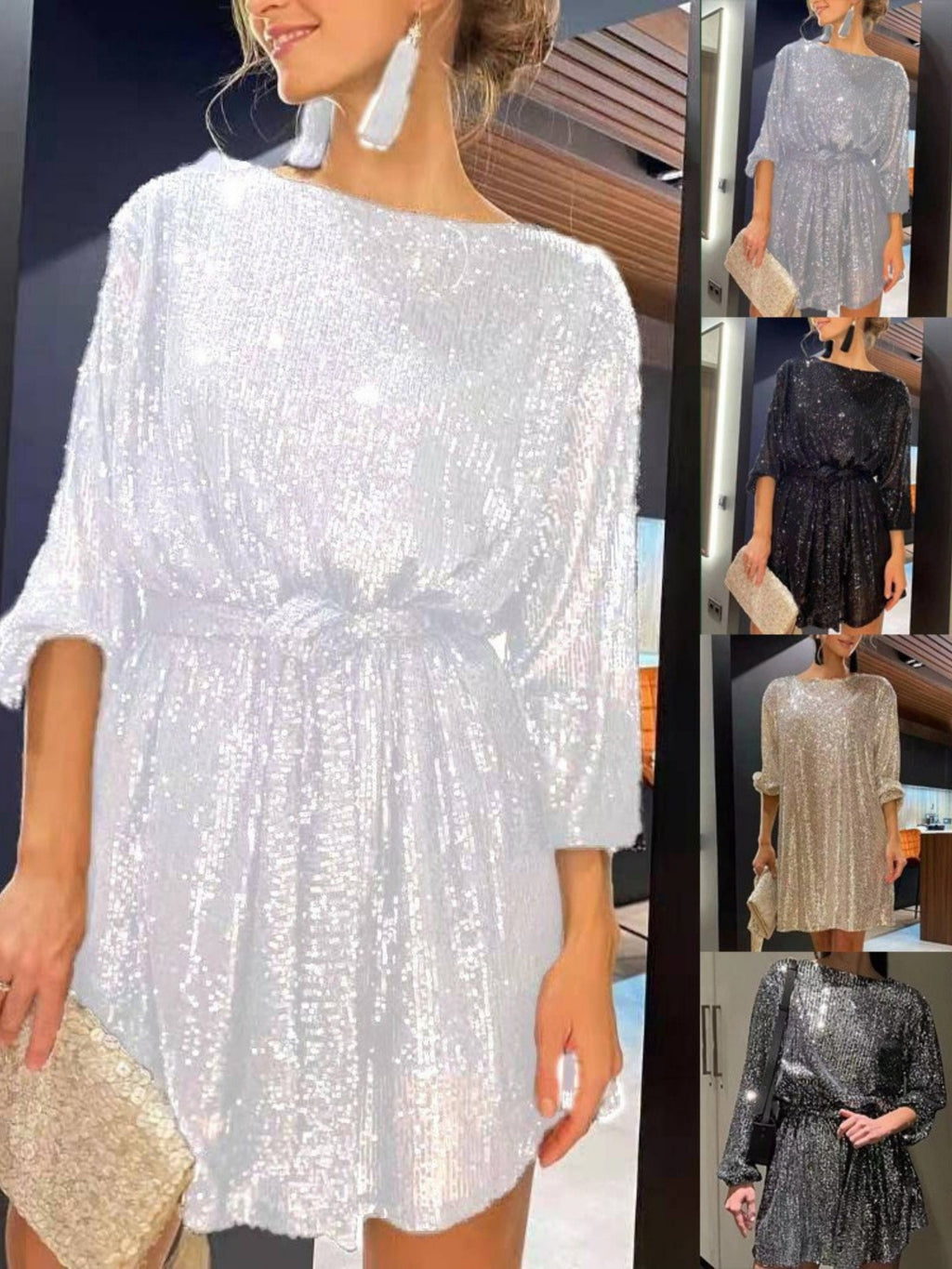 Sequins Waist Shaping Short Sleeves Mini&Short Dresses