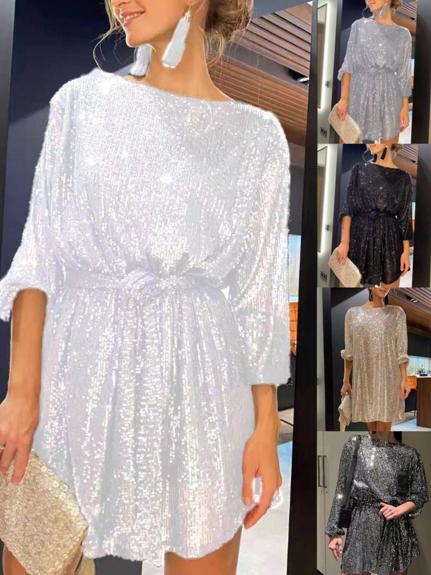 Sequins Waist Shaping Short Sleeves Mini&Short Dresses
