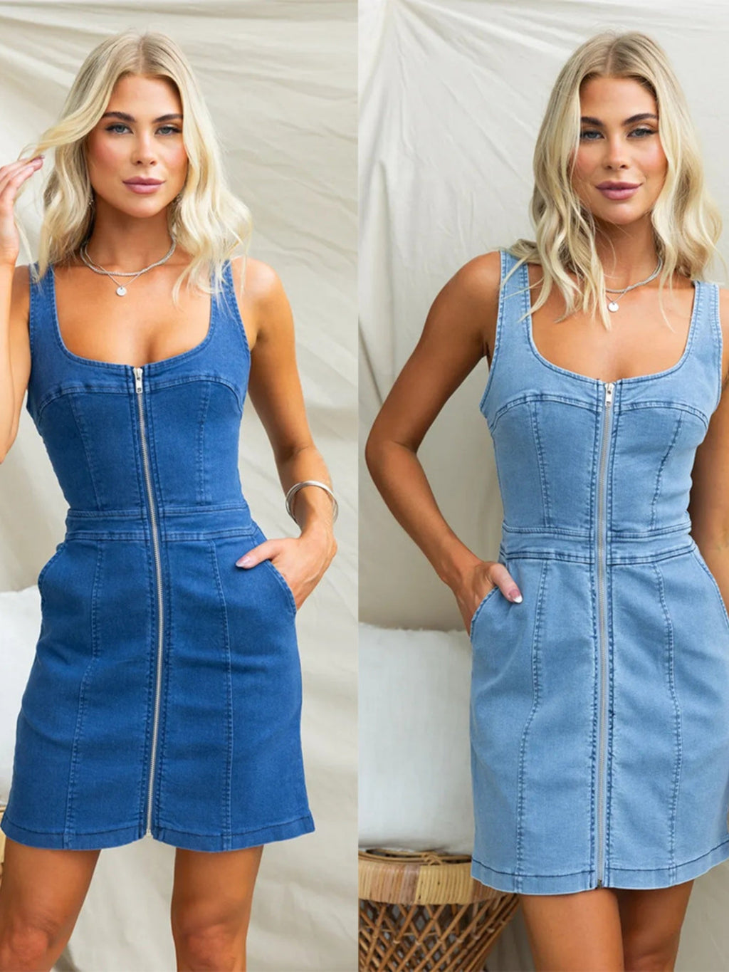 Denim Pocket Zipper Camisoles Mini&Short Dresses