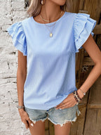Round Neck Striped T-shirt With Ruffled Sleeves