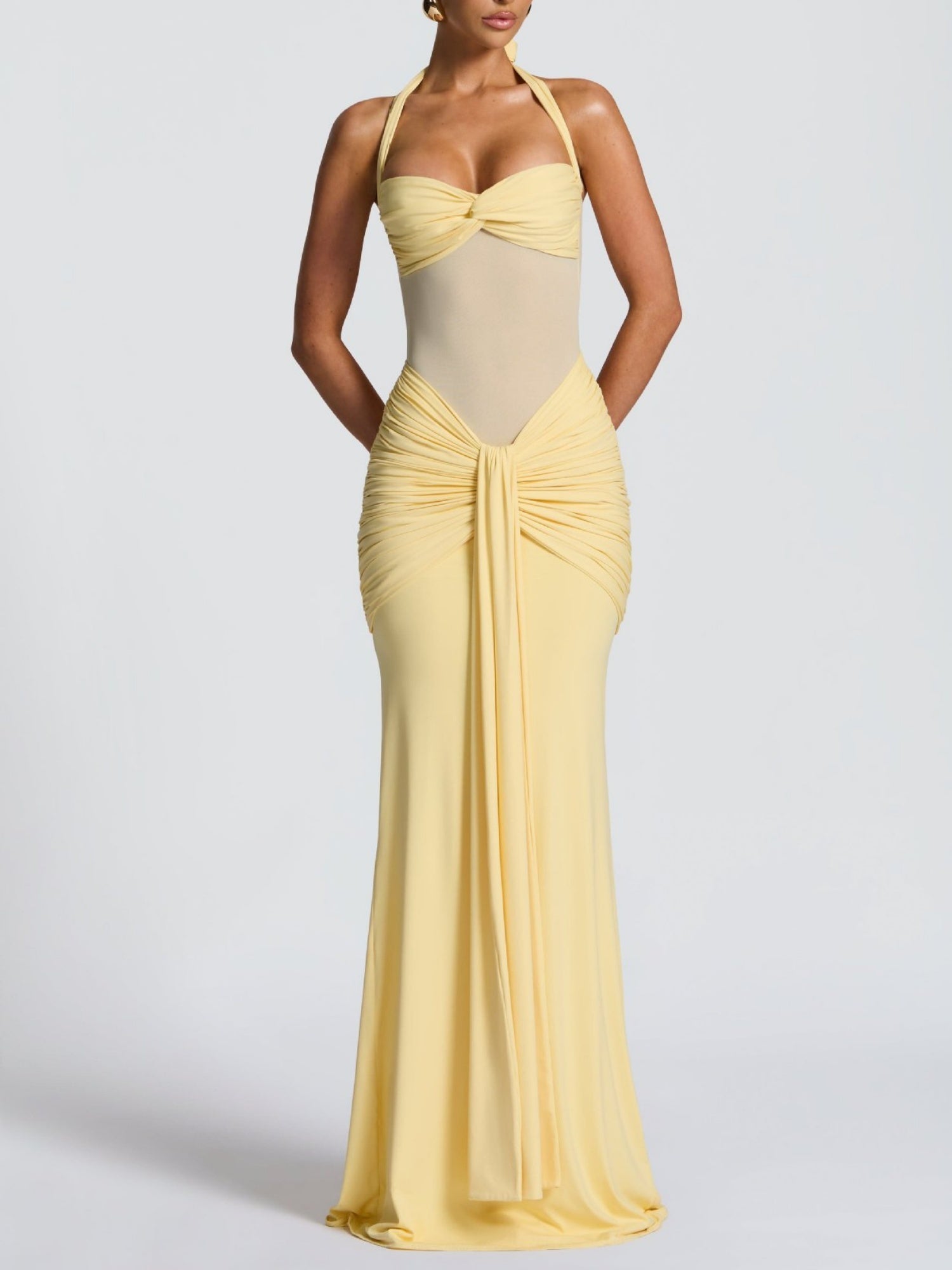Mesh Splicing Ribbon Neckband Fish Tail Maxi Dresses