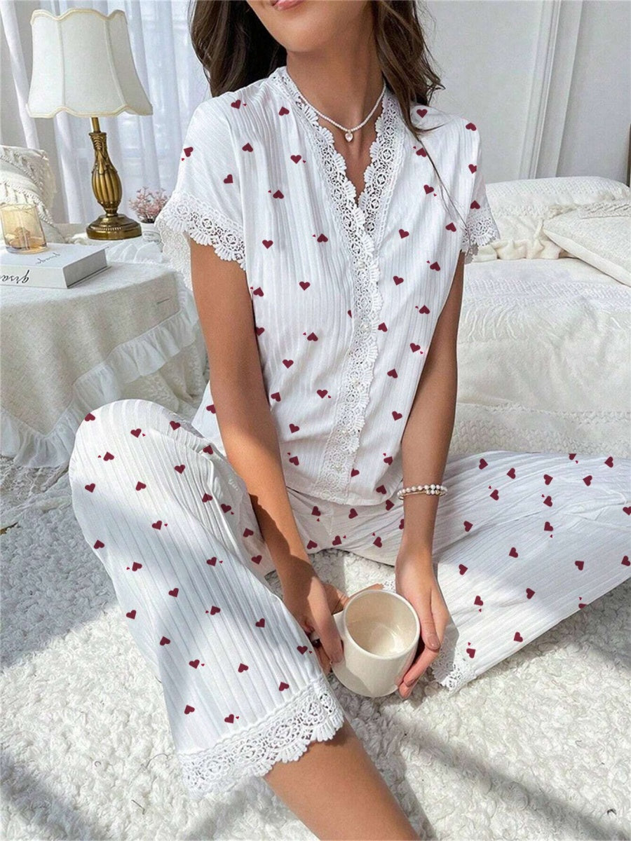 Cherry Print Water-soluble Embroidered Trim Short-sleeved Trousers Set That Can Be Worn As Loungewear