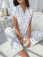 Cherry Print Water-soluble Embroidered Trim Short-sleeved Trousers Set That Can Be Worn As Loungewear