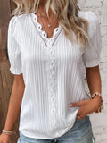 Openwork Lace Puff Sleeve V-neck Vertical Stripes T-shirts