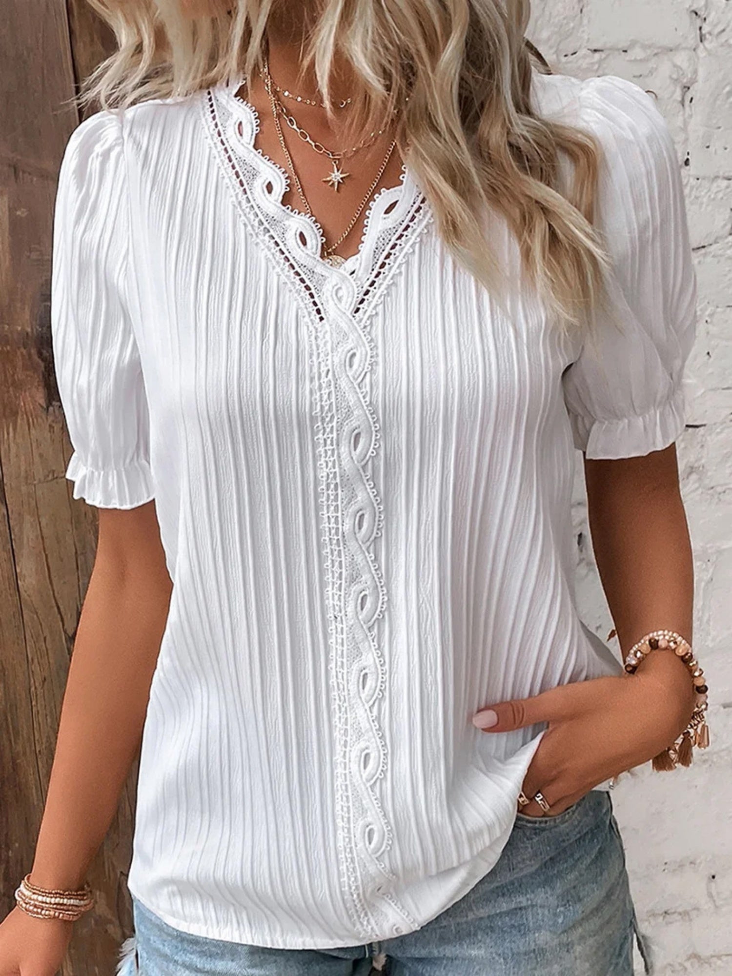 Openwork Lace Puff Sleeve V-neck Vertical Stripes T-shirts