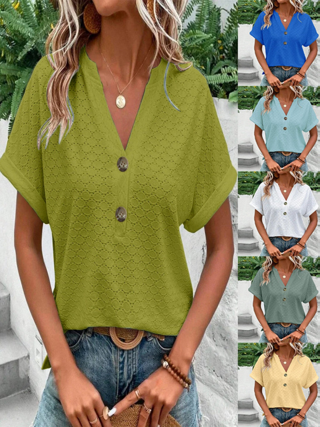 Knitting Buttons V-neck Short Sleeve T-shirts
