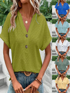 Knitting Buttons V-neck Short Sleeve T-shirts