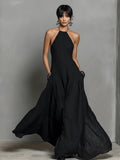 Halter Solid Color Backless Sleeveless Long Vacation Style Dress