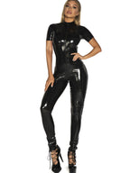 PU Leather Zipper Crossing The Crotch Short Sleeves Jumpsuits