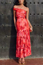 Off Shoulder Ruched Crop Top High Rise Maxi Skirt Printed Set