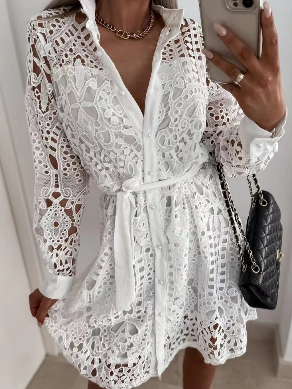 Lace Cutout Lace Up Long Sleeves Mini&Short Dresses