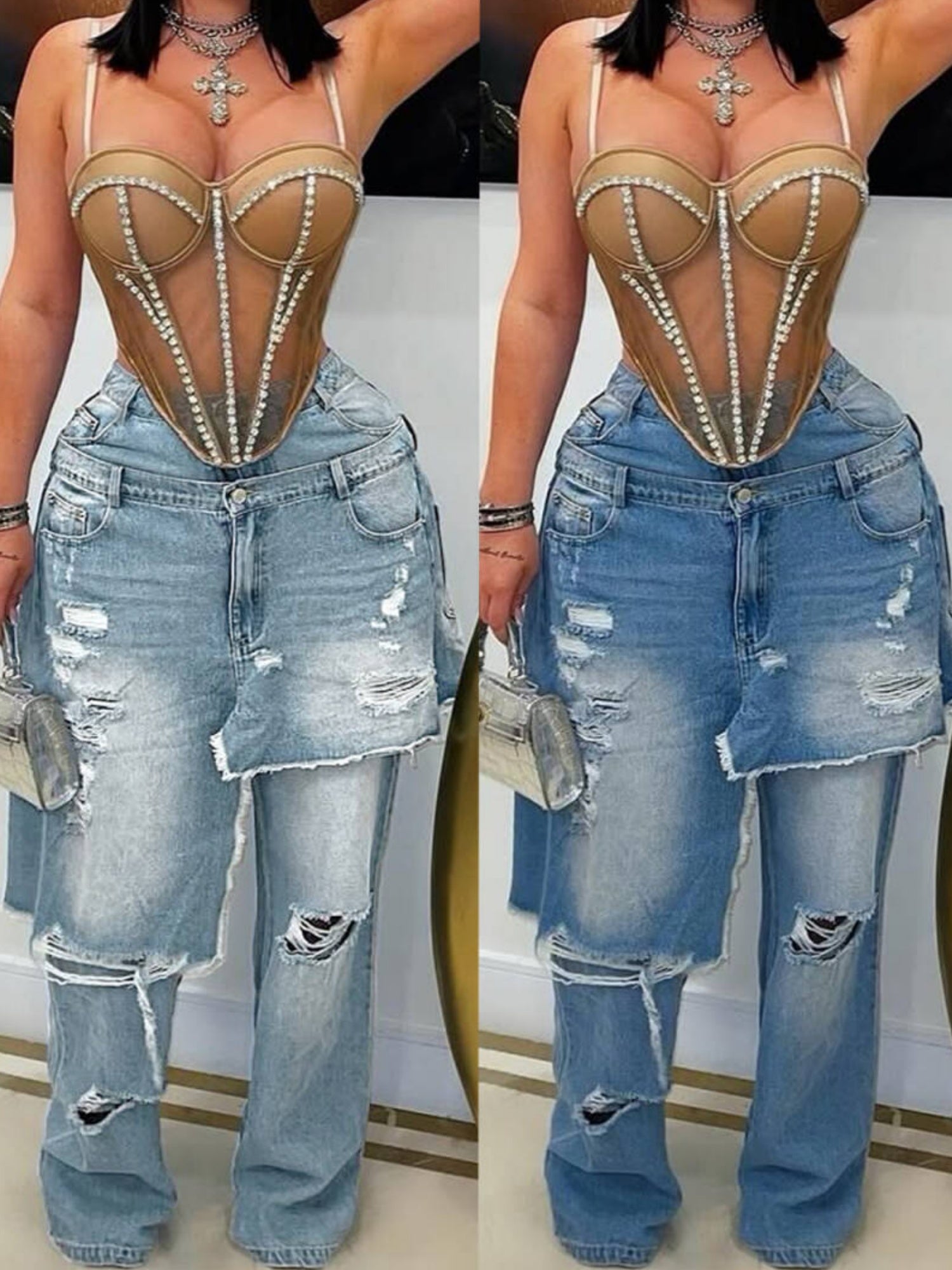 Splicing Hole Distressed Loose-fit Jeans