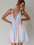 Sequins Bow Tie Deep V-neck Suspenders Backless Mini&Short Dresses