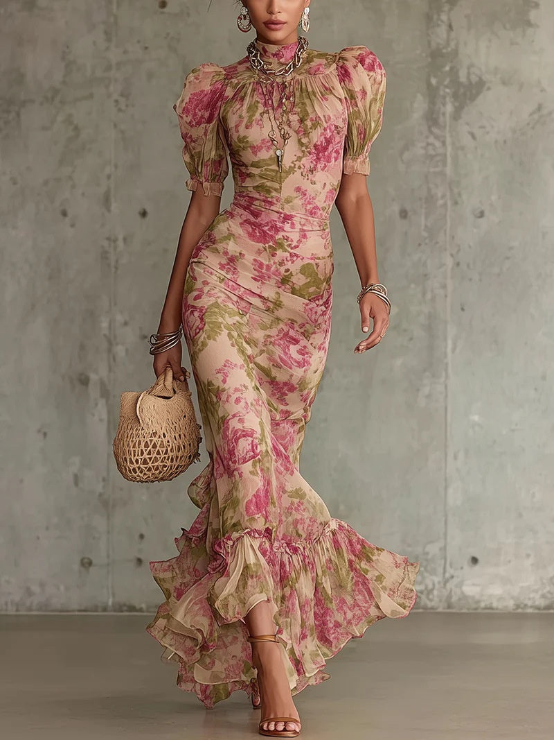 Floral Ruffles, Puff Sleeves, Cinched Waist Maxi Dresses