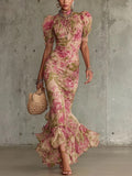 Floral Ruffles, Puff Sleeves, Cinched Waist Maxi Dresses