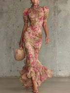 Floral Ruffles, Puff Sleeves, Cinched Waist Maxi Dresses
