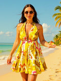 Printed V-neck Halter Neck Backless Maxi Dresses