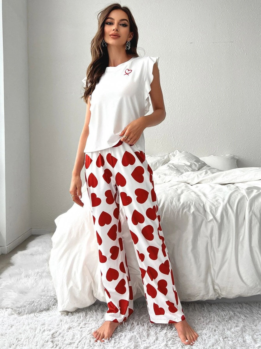 Heart-print Ruffled Sleeve Trousers Set That Can Be Worn As Loungewear
