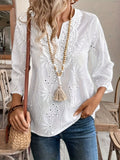 Lace Cutout Chiffon Embroidery V-neck  Flare Sleeve Long-sleeved T-shirt