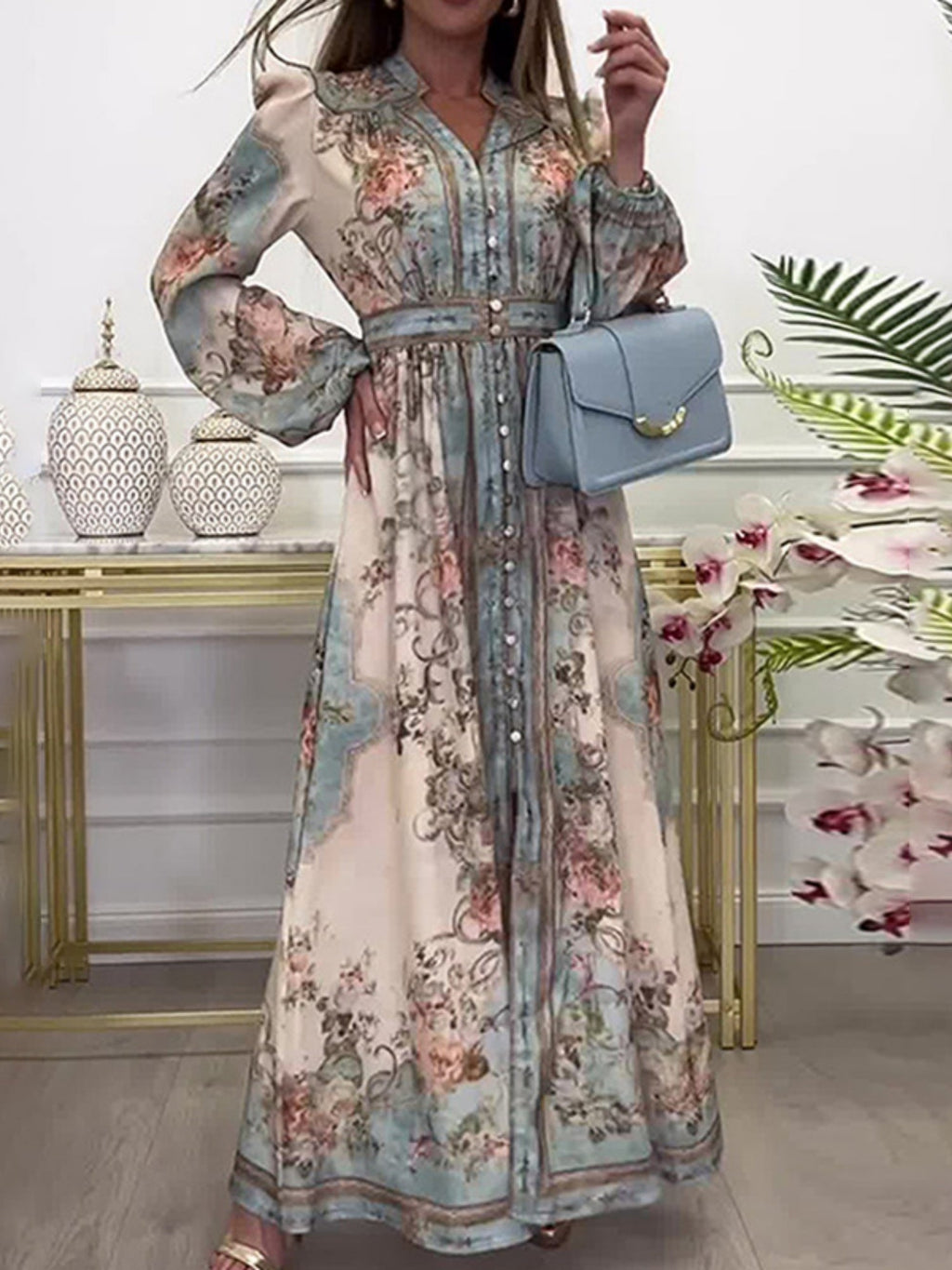 Floral Print V-neck Lantern Sleeves Maxi Dresses